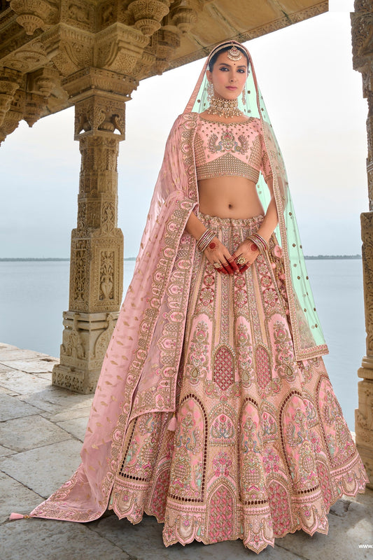 Wedding Wear Pink Unique Designer Bridal Wear Lehenga Choli In Silk With Heavy Worked Net Dupatta - Marriott Fashion