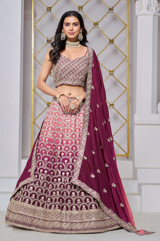 Wine Colored Heavy Chinon Lehenga Choli With Designer Dupatta, Attractive Outfit Wear Lehenga Choli - Marriott Fashion