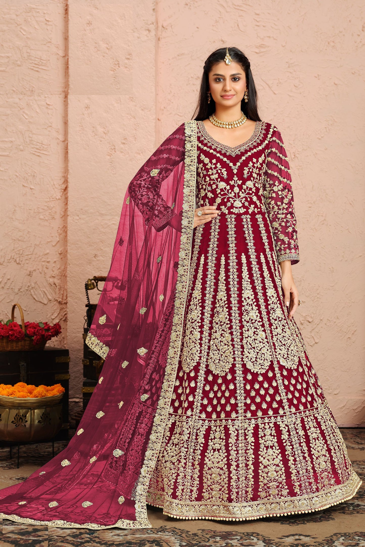 Pink Heavy Net Embroidery Worked Pakistani Wedding & Function Wear Anarkali Gown