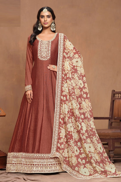 Brown Colored Heavy Art Silk Salwar Kameez With Designer Dupatta , Wedding Function Wear Long Dresses For Women