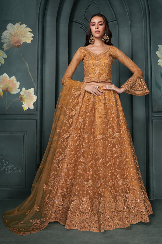 Orange Designer Bridesmaids Net Lehenga Choli With Net Dupatta For Indian Festival And Wedding Stone & Embroider work - Marriott Fashion