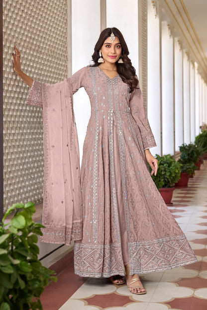 Cream Colored Slit Style Georgette Anarkali Gown With Organza Dupatta Anarkali Dress - Marriott Fashion