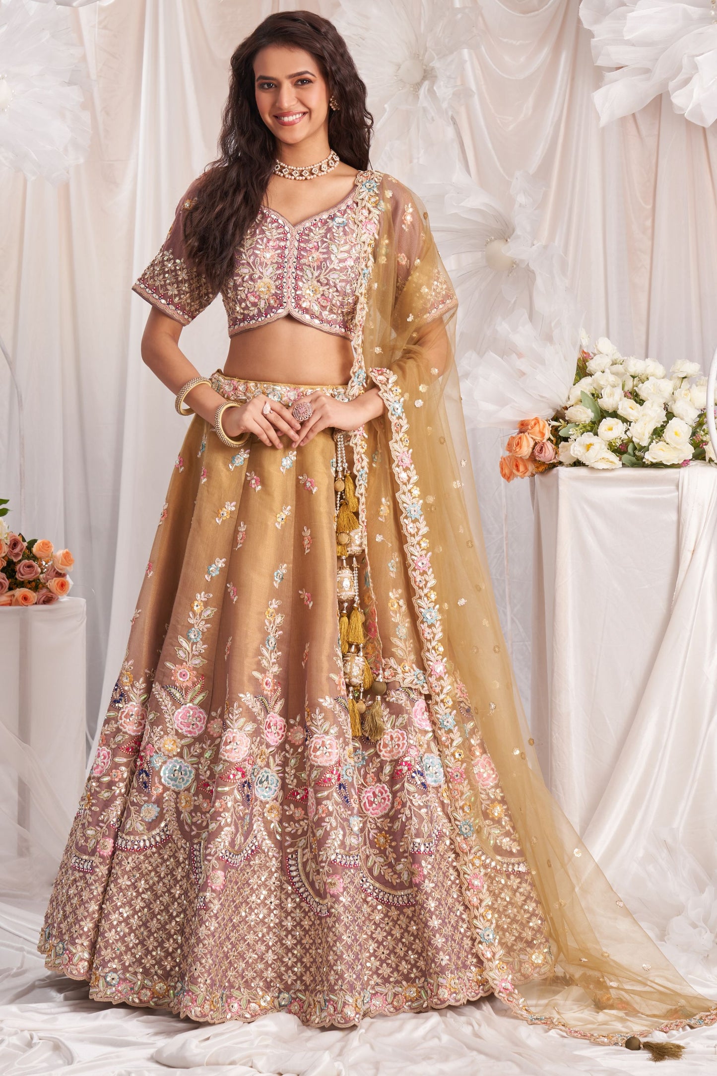 Rose Gold Tissue Silk Moti& Embroidery Worked Wedding Function Wear Lehenga Choli