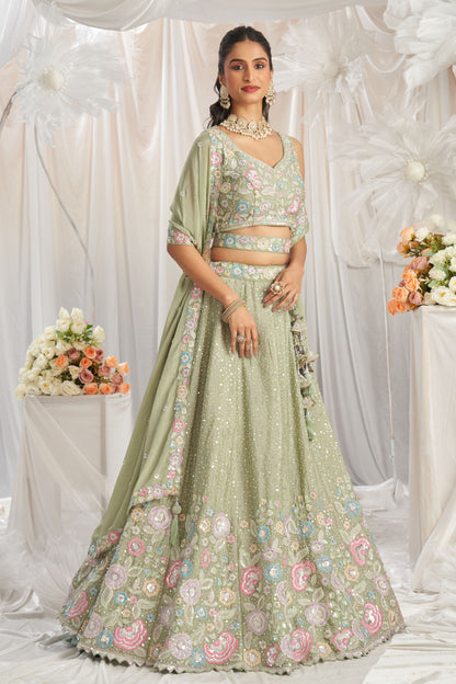 Lemon Green Poly Chiffon Sequence & Thread Worked Indian Wedding & Engagement Wear Lehenga Choli