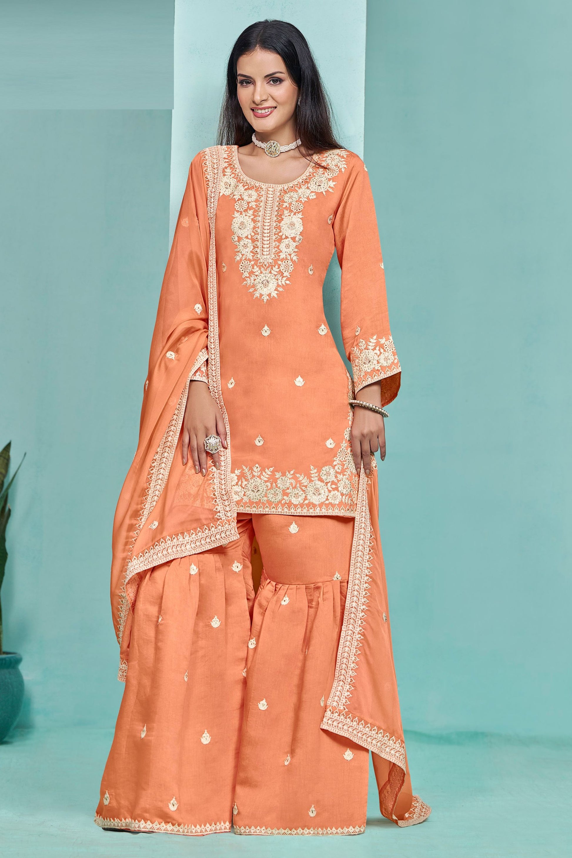 Orange Colored Beautiful Sharara Suit In Silk With Heavy Organza Dupatta , Embroidery Worked Designer Salwar Suits - Marriott Fashion