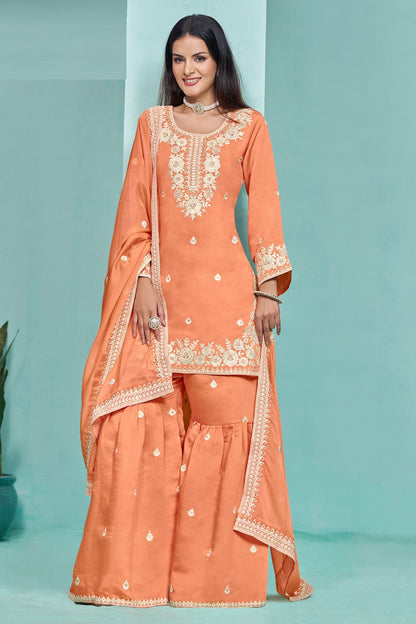 Orange Colored Beautiful Sharara Suit In Silk With Heavy Organza Dupatta , Embroidery Worked Designer Salwar Suits - Marriott Fashion