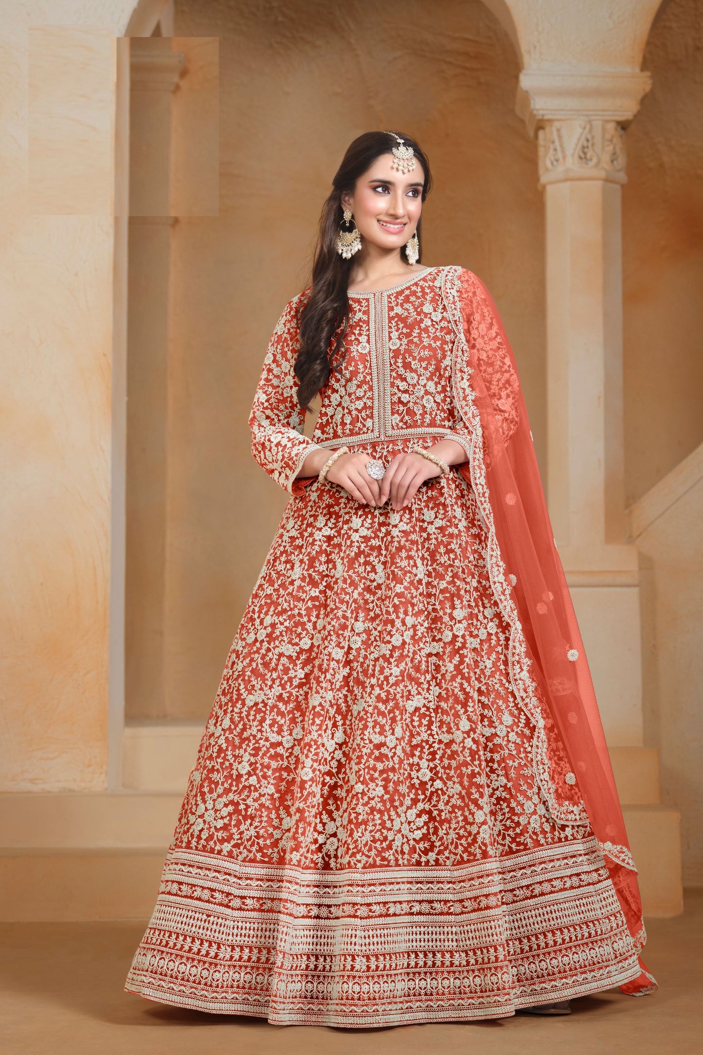 Orange Colored Heavy Net Anarkali Gown , Wedding & Reception Outfit Wear Pakistani Salwar Kameez - Marriott Fashion