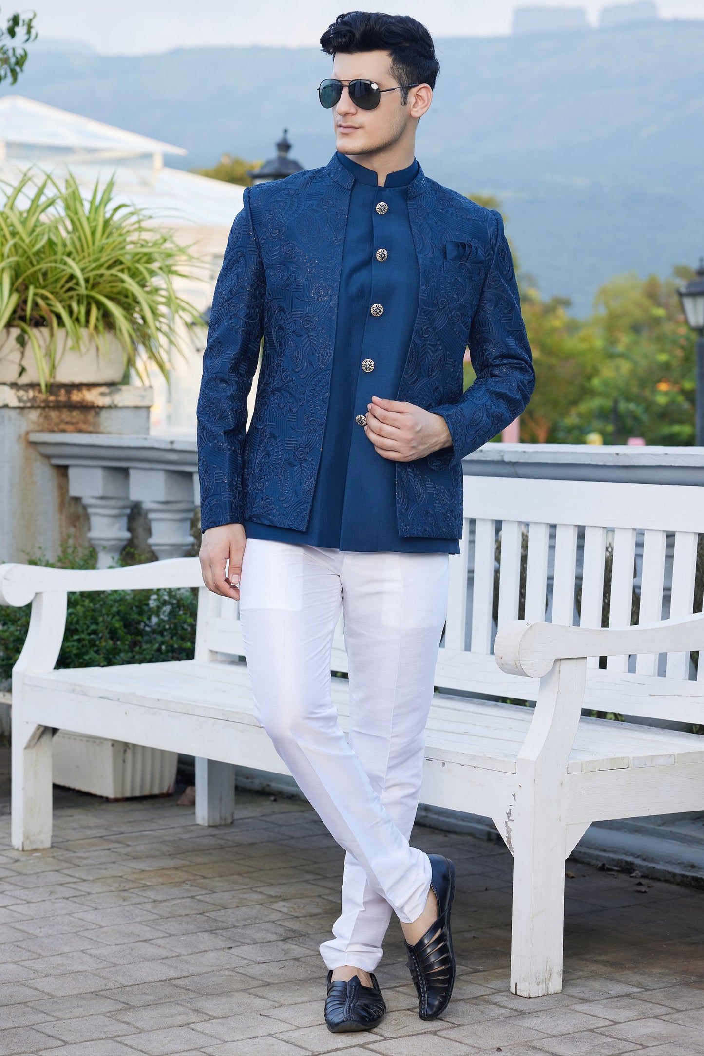 Blue Colored Art Silk Indo Western, Wedding Wear Jodhpuri Style Set For Men - Marriott Fashion