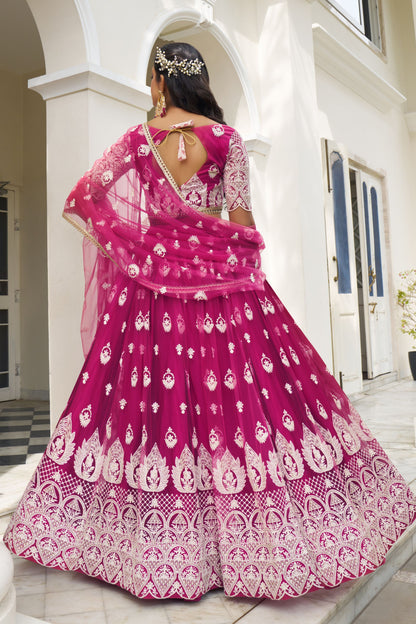 Dark Pink Colored Butterfly Net Lehenga Choli With Beautiful Dupatta , Floral Outfit Wear Lehenga Choli - Marriott Fashion