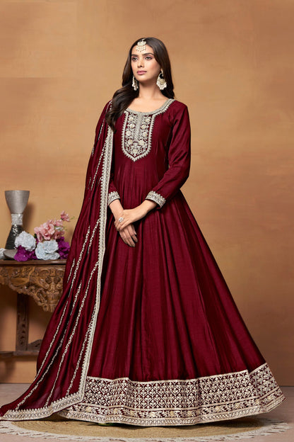 Gorgeous Marron Colored Salwar Suits In Heavy Silk, Santool Bottom With Dupatta, Indian Festival And Wedding Wear Long Gown Suits - Marriott Fashion