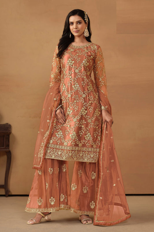 Orange Colored Heavy Net Salwar Kameez, Satin Bottom With Designer Laced Dupatta - Marriott Fashion