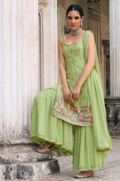 Attractive Pista Green Colored Faux Georgette Sharara Suits With Designer Embroidered Dupatta , Festival Wear Fancy Dresses - Marriott Fashion