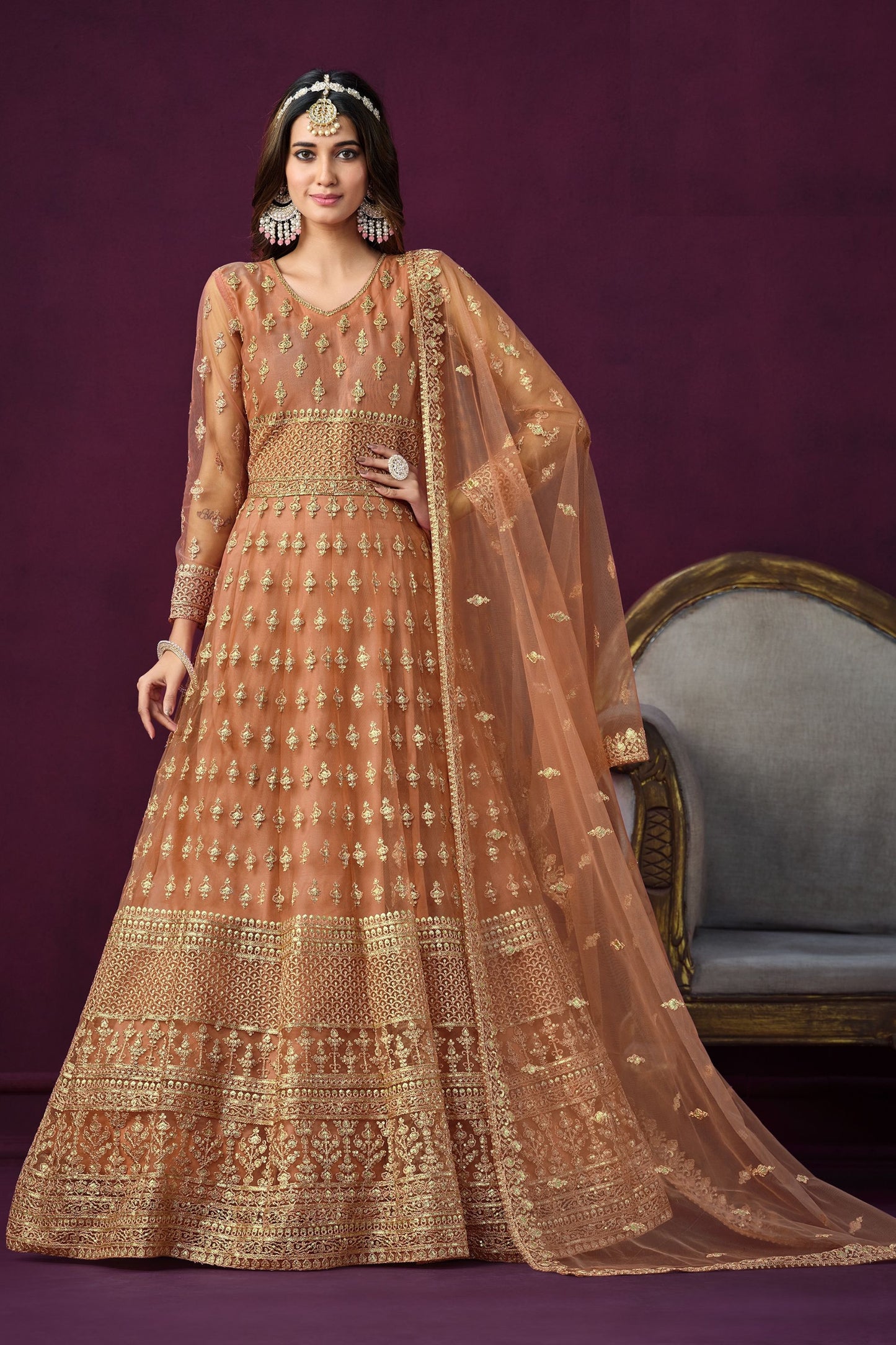 Orange Fancy Net Embroidered Wedding And Party Wear Anarkali Gown