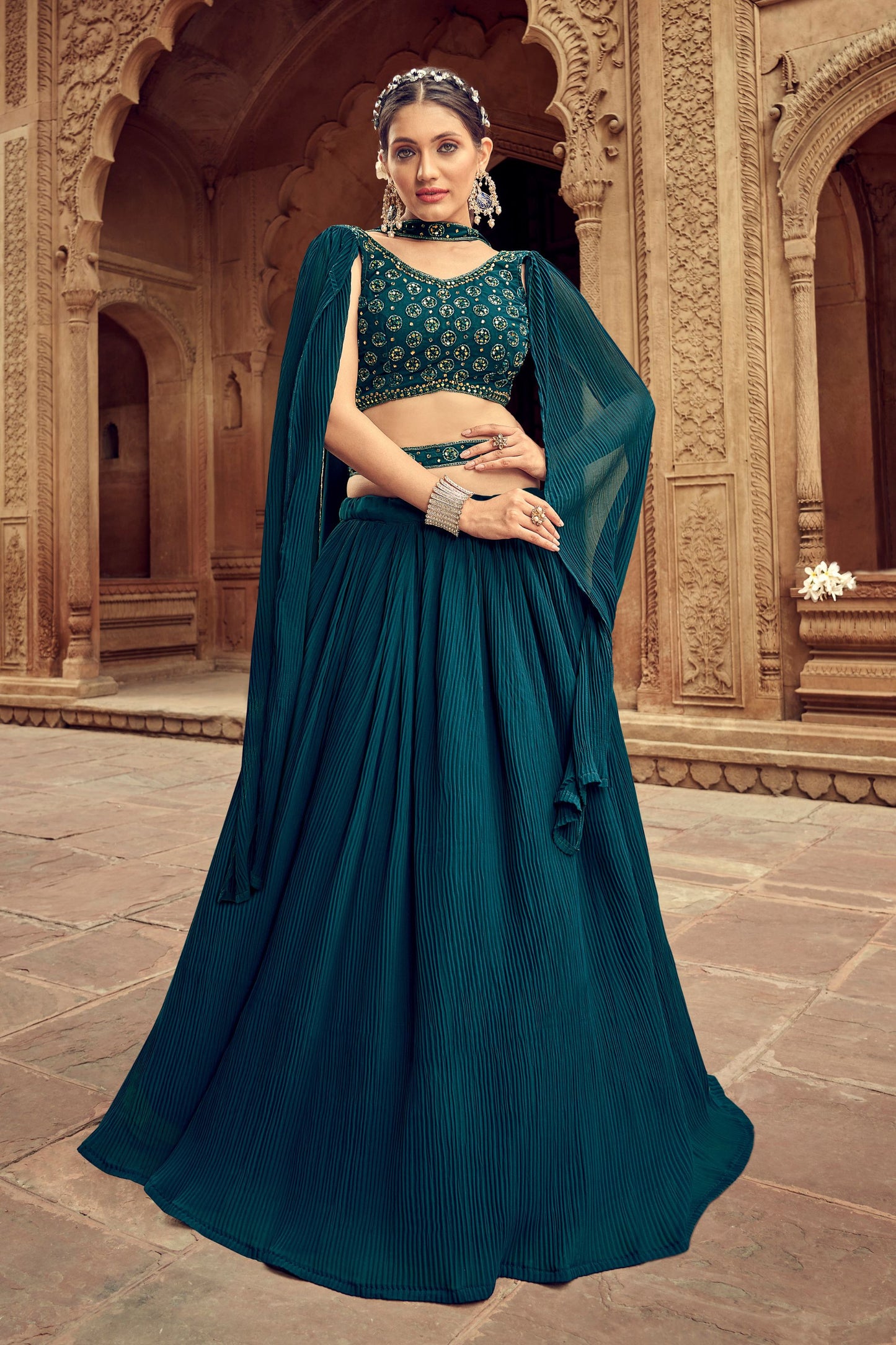 Teal Green Faux Georgette Embroidery Worked Wedding Wear Ready Made Lehenga Choli