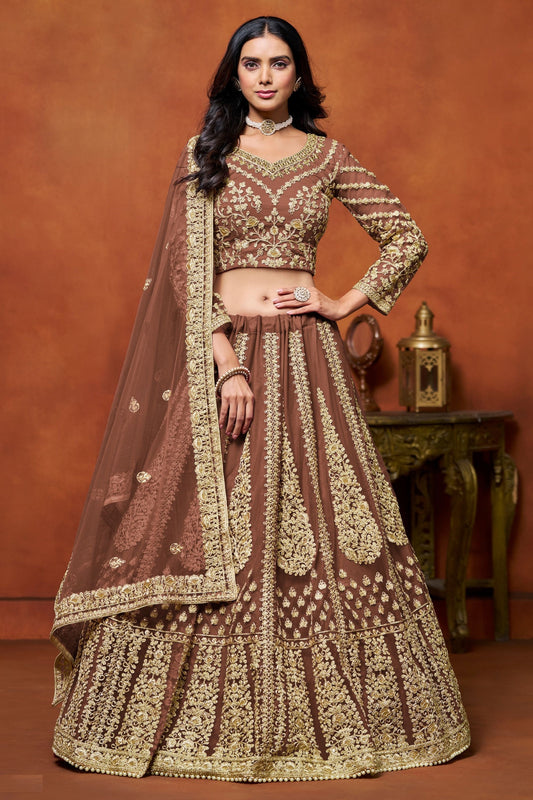 Brown Colored Heavy Net Lehenga Choli With Beautiful Embroidered Dupatta - Marriott Fashion