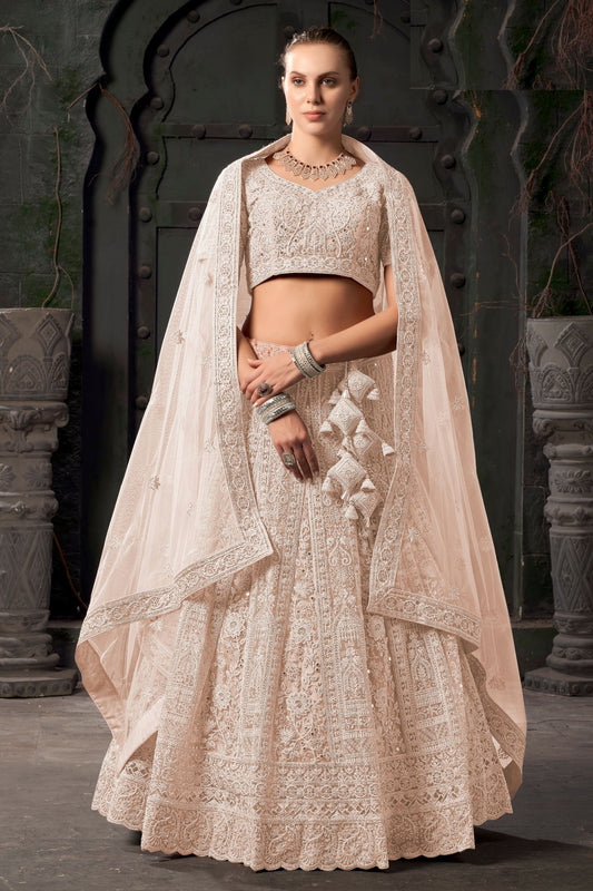 Cream Colored Heavy Net Lehenga With Designer Dupatta, Wedding And Party Wear Diamond And Zarkan Worked Lehenga Choli - Marriott Fashion