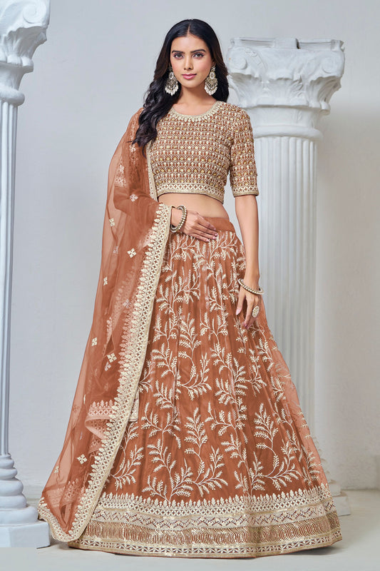 Beautiful Orange Heavy Net Thread Worked Wedding Function Wear Lehenga Choli