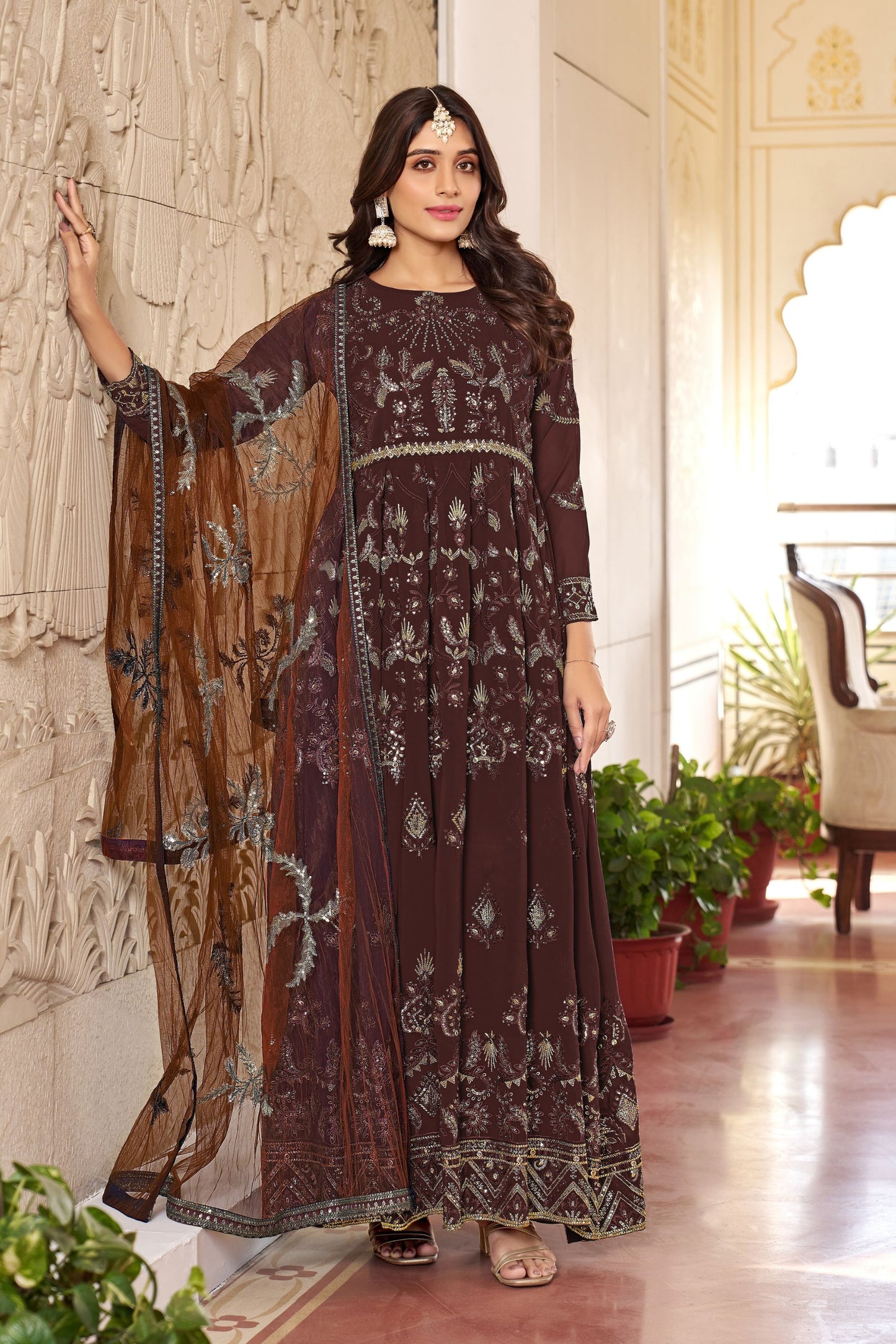 Brown Colored Faux Georgette Long Salwar Suits, Dull Santoon Bottom With Net Dupatta - Marriott Fashion