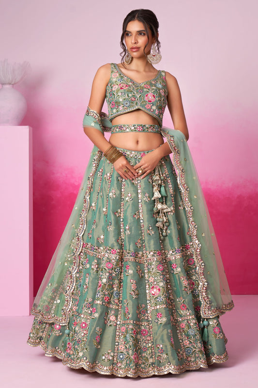 Sea Green Heavy Net Sequence Worked Wedding Wear Lehenga Choli