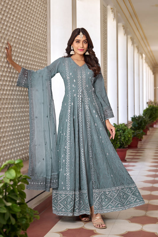 Turquoise Colored Faux Georgette Anarkali Gown Suits With Heavy Organza Dupatta - Marriott Fashion