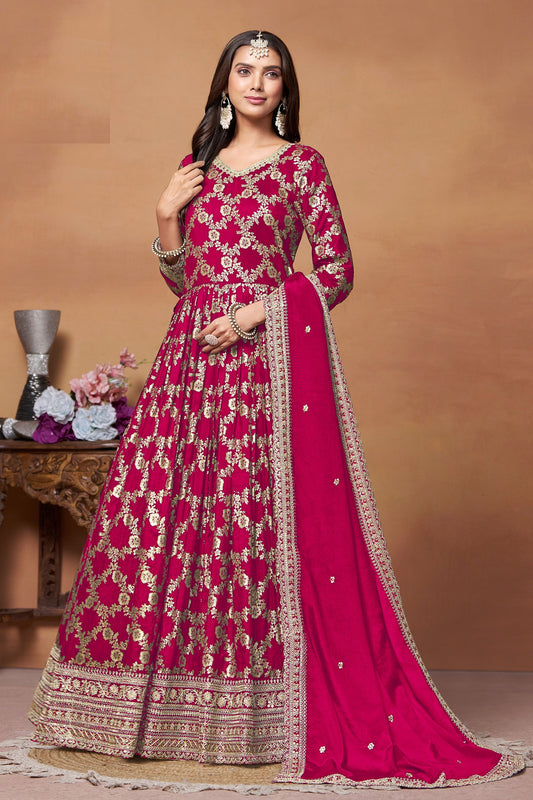 Rani Pink Dola Jacquard Silk Long Gown With Embroidery work For Wedding Function Wear Anarkali Suit