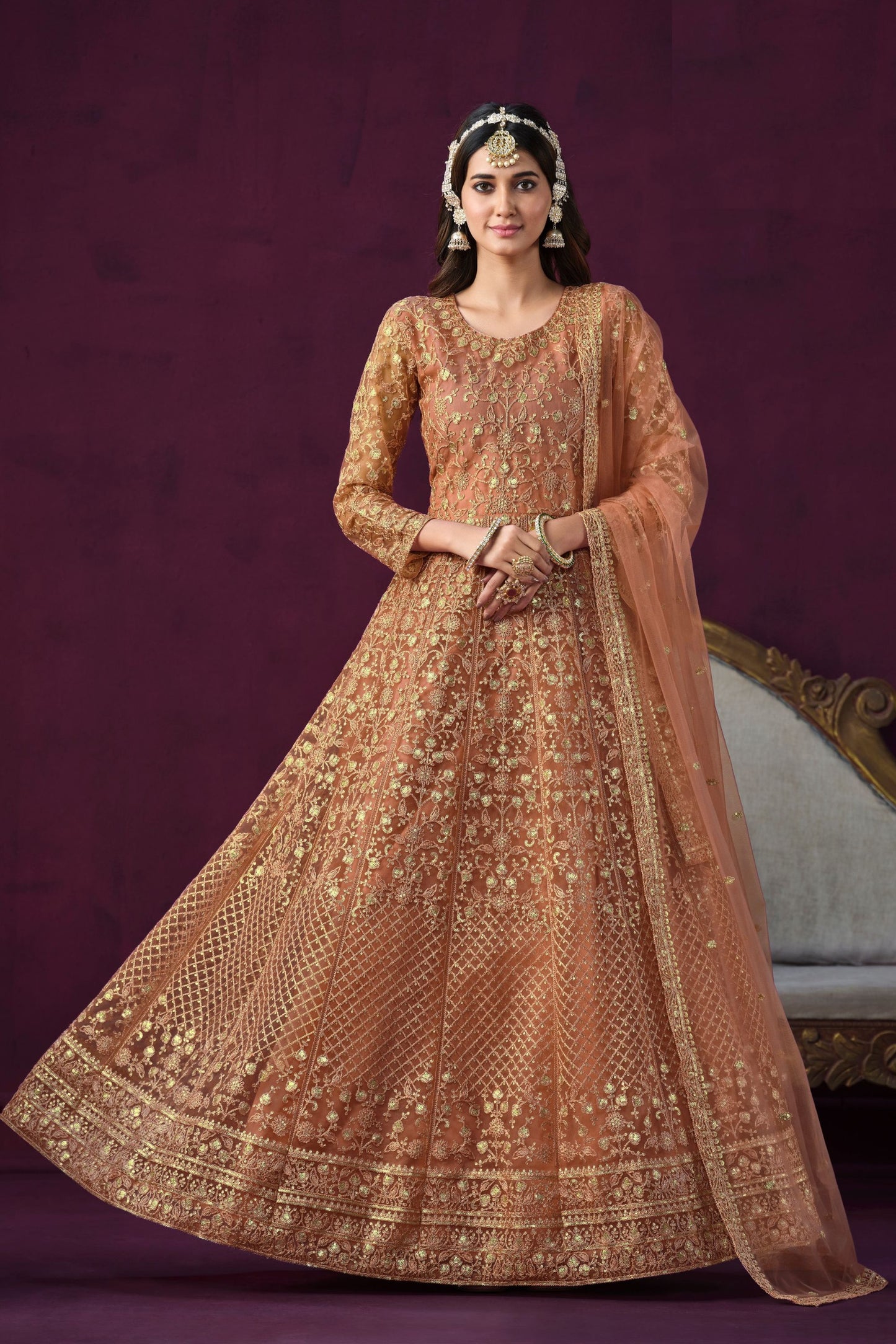 Orange Heavy Net Embroidery Worked Pakistani Festival & Wedding Wear Anarkali Gown