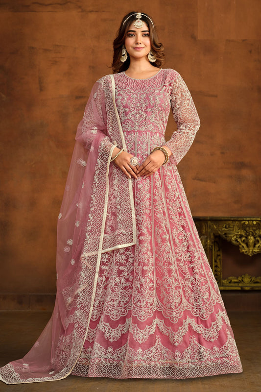 Pink Heavy Net Embroidery Worked Wedding & Festival Wear Anarkali Gown