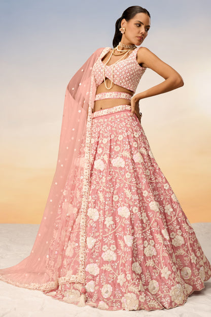 Rose Gold Poly Georgette Stone Worked Engagement Wear Lehenga Choli