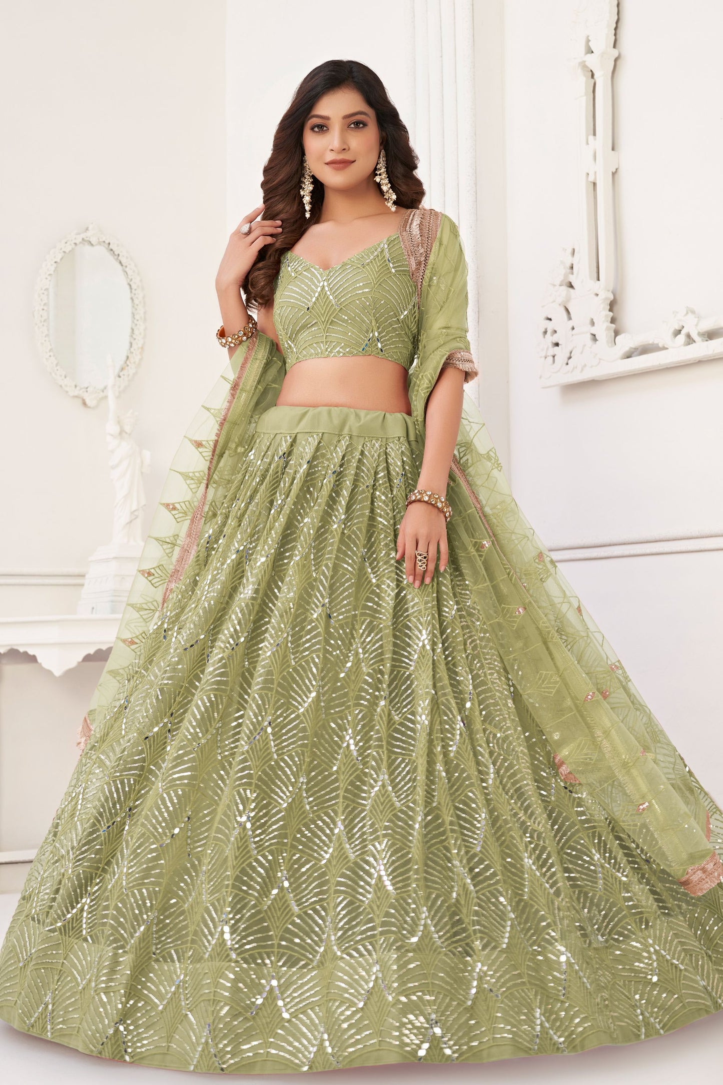 Pista Green Butterfly Net Lehenga Choli With Embroidered Dupatta, Engagement Outfit Wear Beautiful Lehenga Choli - Marriott Fashion