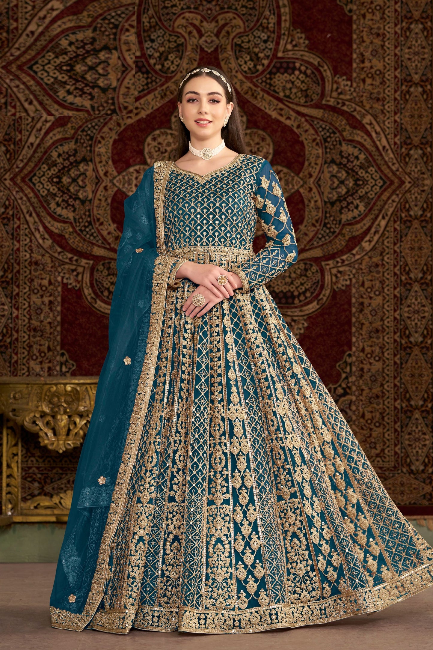 Blue Heavy Net Wonderful Embroidery Worked Pakistani Wedding Wear Anarkali Gown