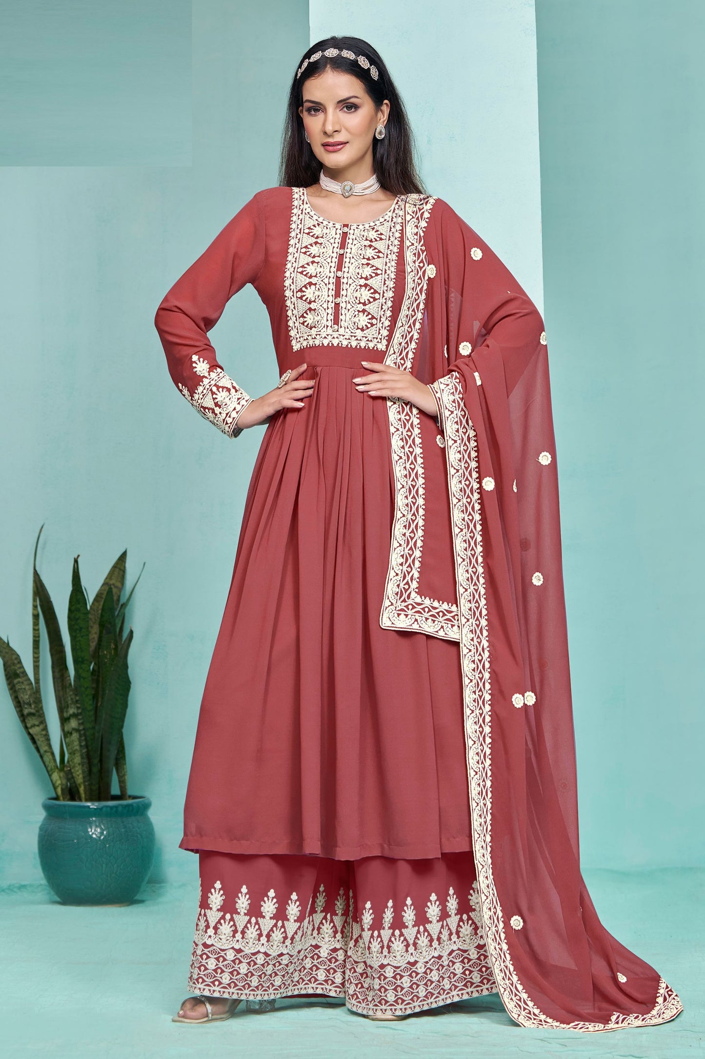 Marron Colored Faux Georgette Palazzo Suits With Embroidered Dupatta