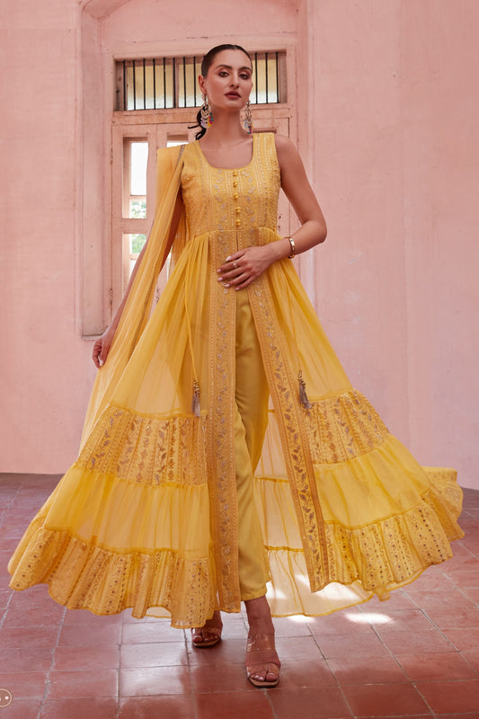 Yellow Designer Georgette Long Anarkali with Front Slit and Pant For Indian Festivals & Weddings - Thread & Sequence Embroidery Work - Marriott Fashion