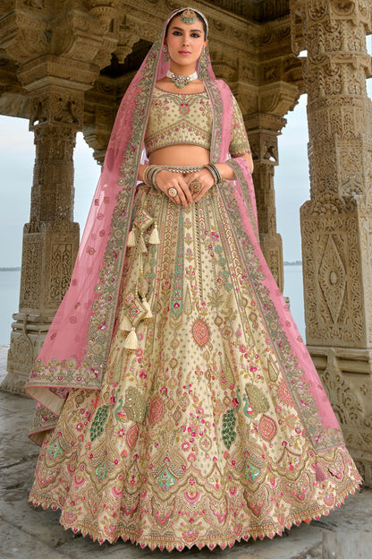 Cream Designer Heavy Silk Lehenga Choli With Pink Colored Dupatta, Embroidery & Stone Worked Traditional Lehenga Choli - Marriott Fashion