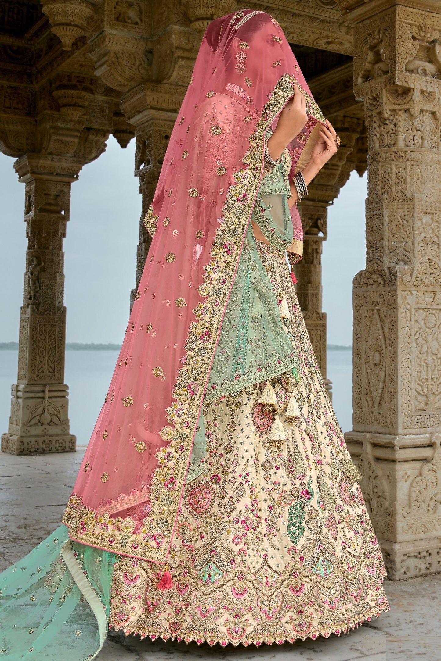 Cream Designer Heavy Silk Lehenga Choli With Pink Colored Dupatta, Embroidery & Stone Worked Traditional Lehenga Choli - Marriott Fashion