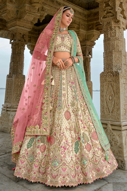 Cream Designer Heavy Silk Lehenga Choli With Pink Colored Dupatta, Embroidery & Stone Worked Traditional Lehenga Choli - Marriott Fashion