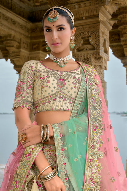 Cream Designer Heavy Silk Lehenga Choli With Pink Colored Dupatta, Embroidery & Stone Worked Traditional Lehenga Choli - Marriott Fashion