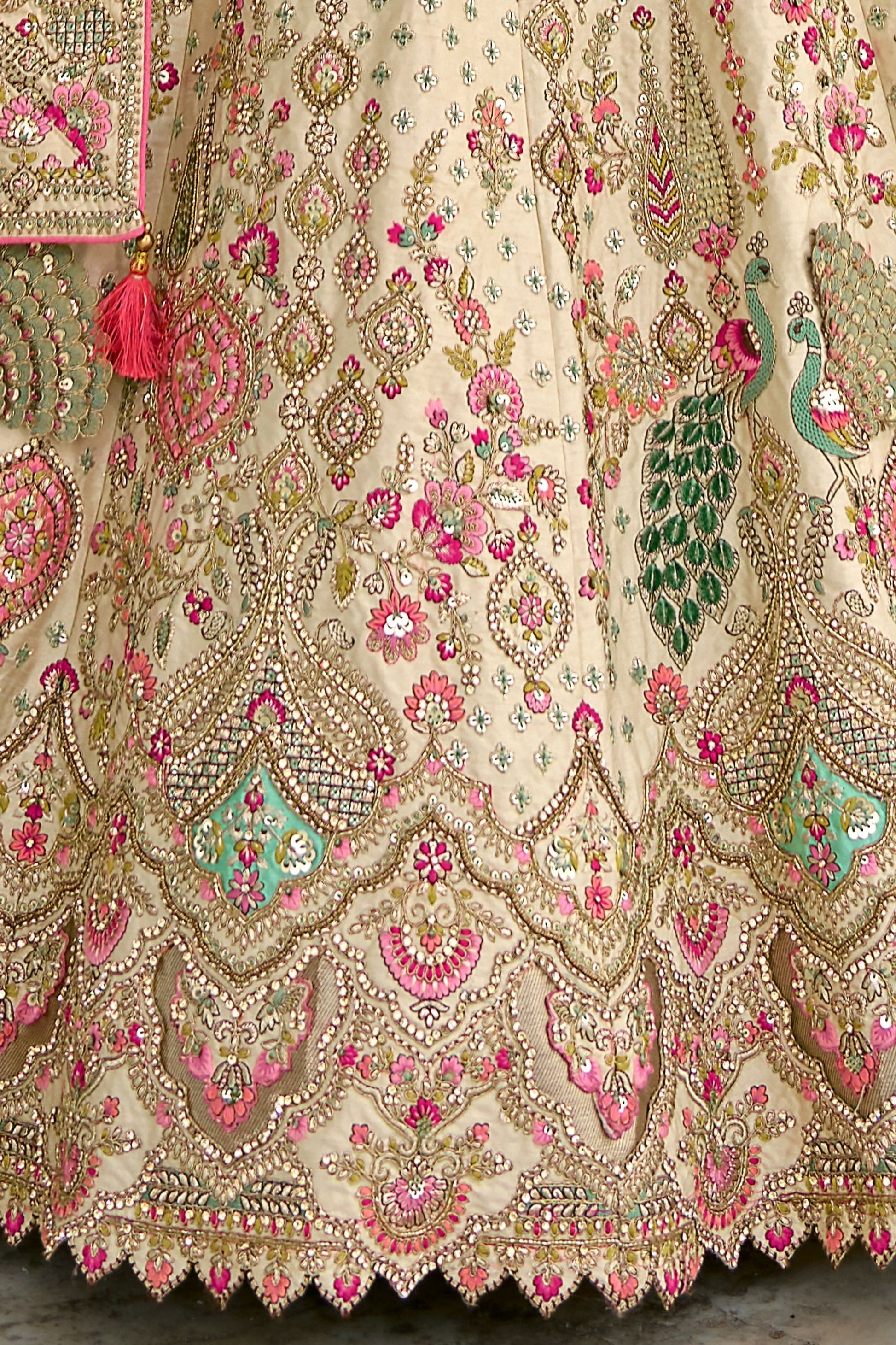 Cream Designer Heavy Silk Lehenga Choli With Pink Colored Dupatta, Embroidery & Stone Worked Traditional Lehenga Choli - Marriott Fashion