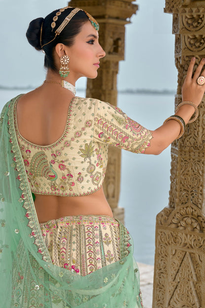 Cream Designer Heavy Silk Lehenga Choli With Pink Colored Dupatta, Embroidery & Stone Worked Traditional Lehenga Choli - Marriott Fashion