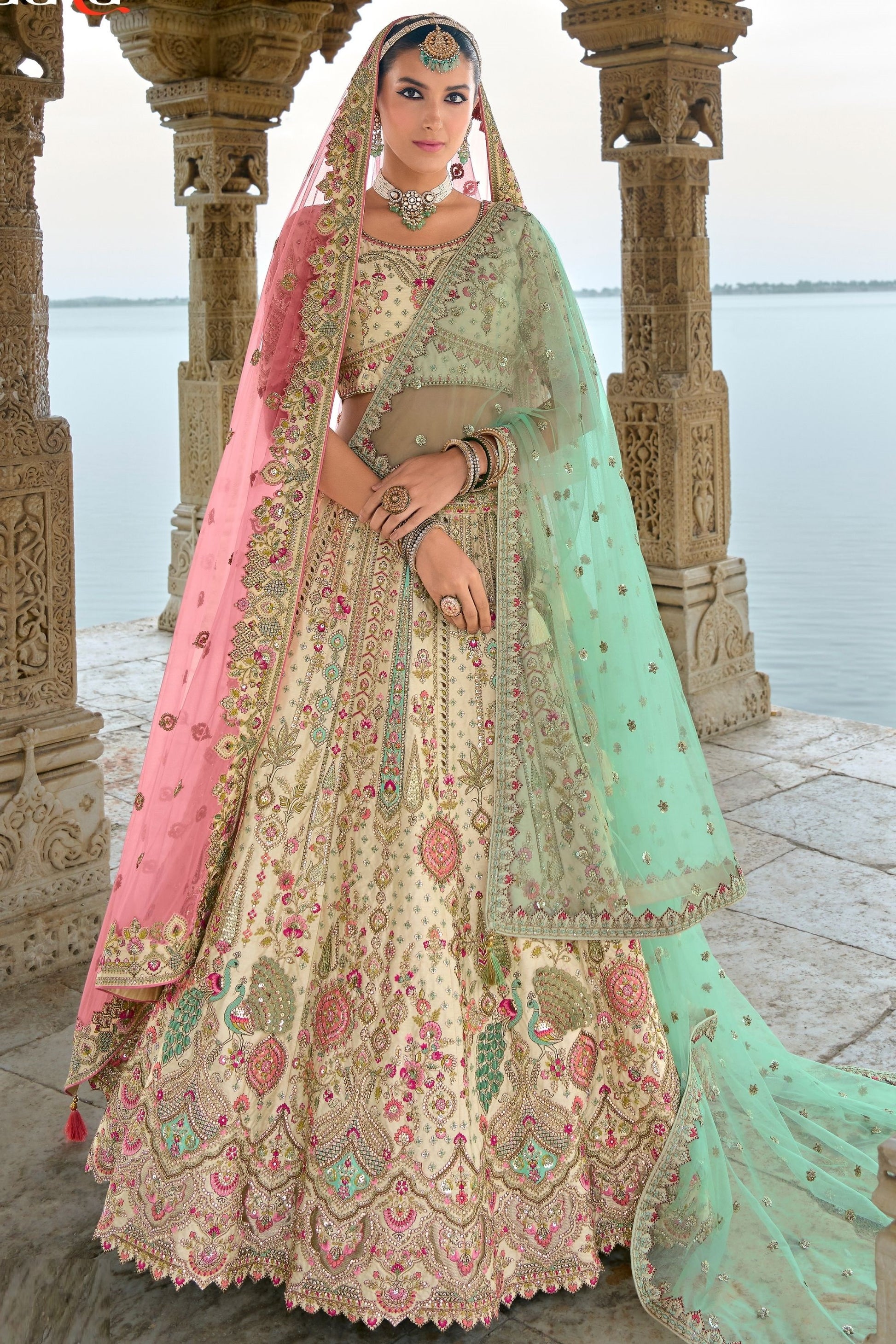 Cream Designer Heavy Silk Lehenga Choli With Pink Colored Dupatta, Embroidery & Stone Worked Traditional Lehenga Choli - Marriott Fashion