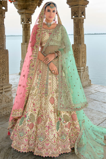 Cream Designer Heavy Silk Lehenga Choli With Pink Colored Dupatta, Embroidery & Stone Worked Traditional Lehenga Choli - Marriott Fashion