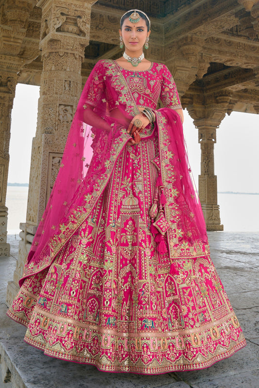 Rani Pink Colored Heavy Silk Lehenga Choli With Net Dupatta, Indian Wedding Wear Diamond Worked Traditional Lehenga Choli - Marriott Fashion