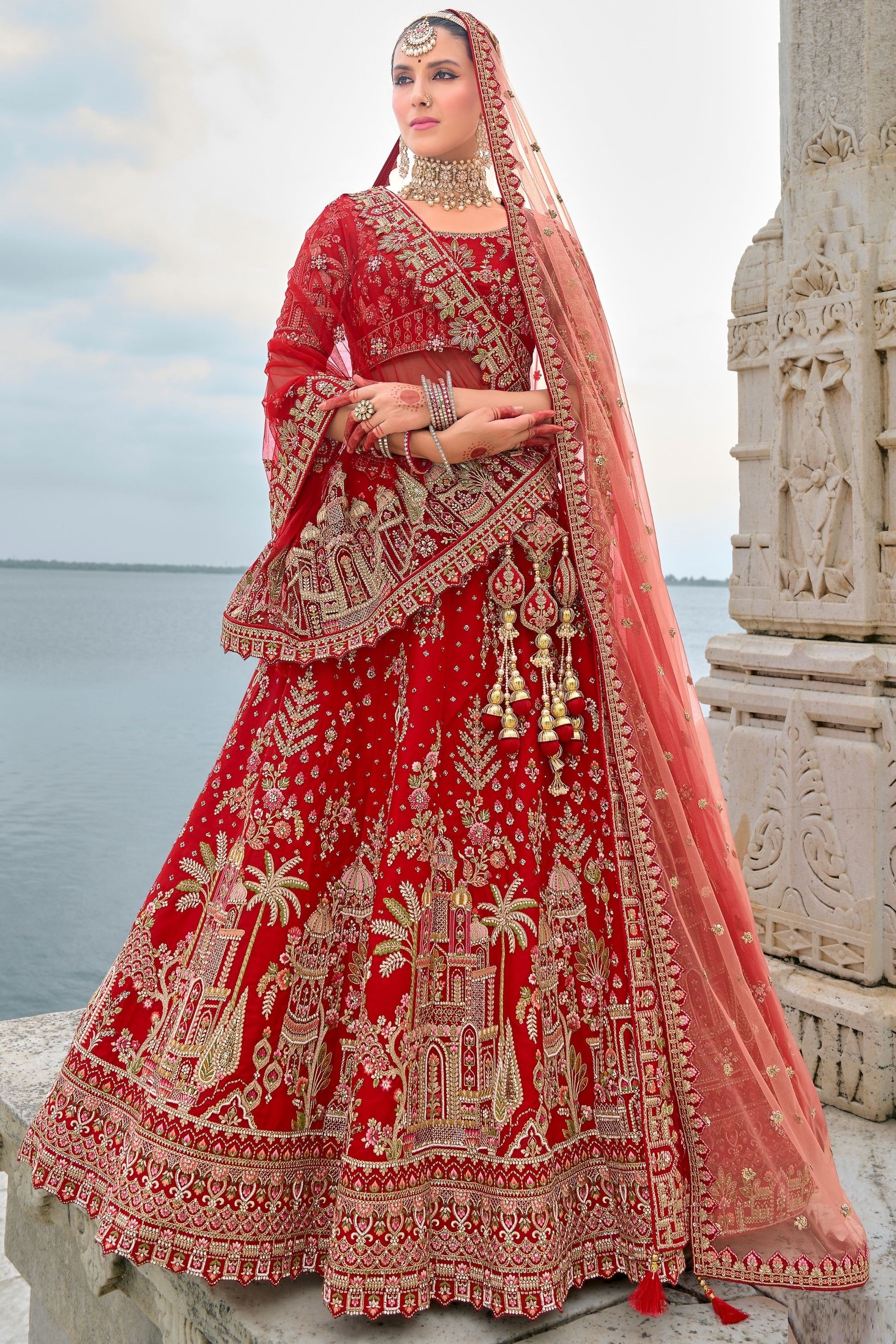 Wedding Designer Red Colored Heavy Silk Lehenga Choli With Diamond Worked Soft Net Dupatta - Marriott Fashion