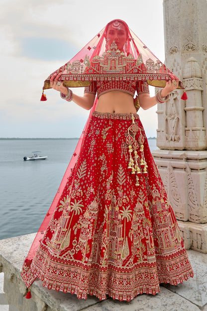 Wedding Designer Red Colored Heavy Silk Lehenga Choli With Diamond Worked Soft Net Dupatta - Marriott Fashion