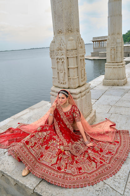 Wedding Designer Red Colored Heavy Silk Lehenga Choli With Diamond Worked Soft Net Dupatta - Marriott Fashion