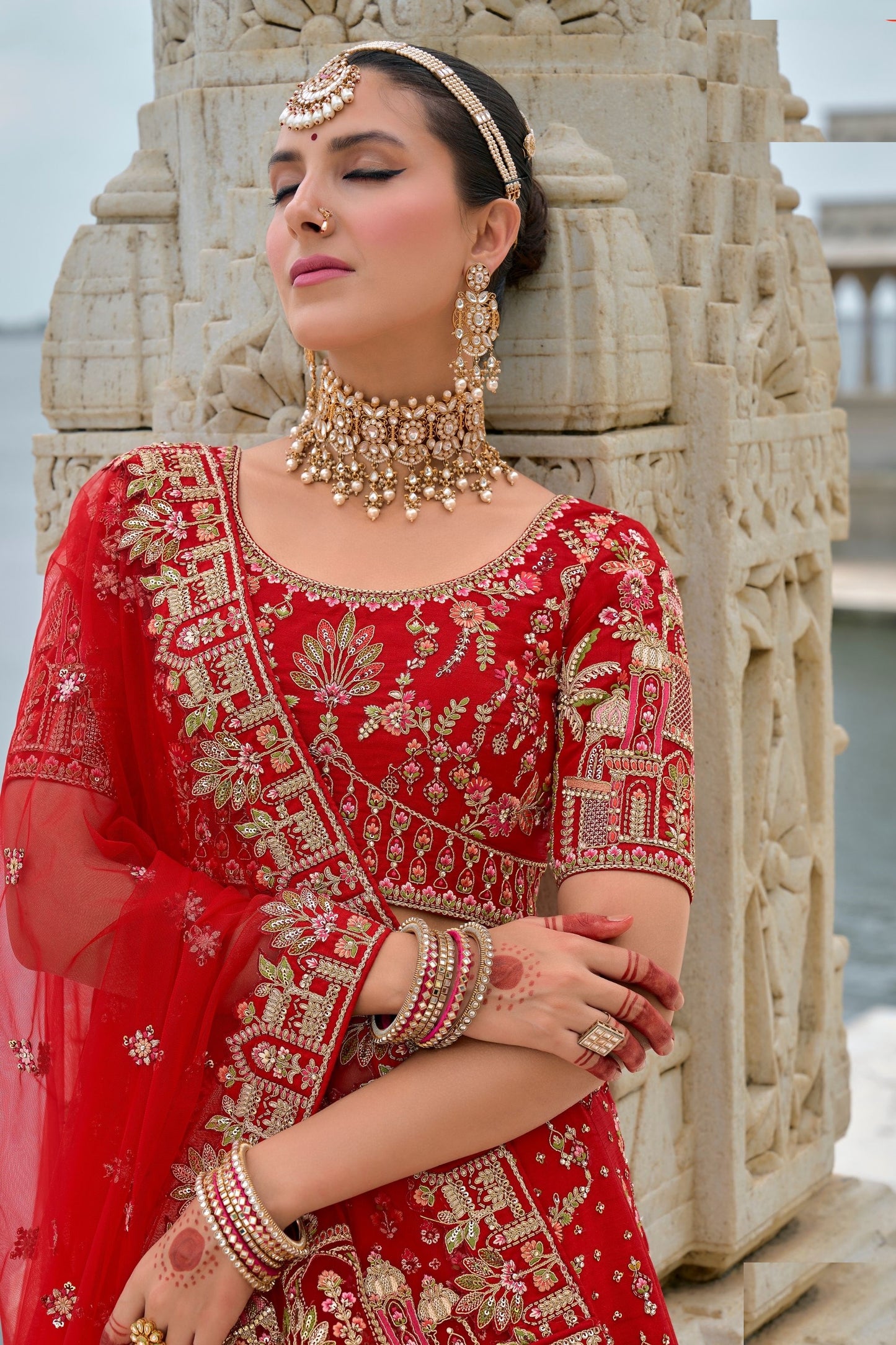 Wedding Designer Red Colored Heavy Silk Lehenga Choli With Diamond Worked Soft Net Dupatta - Marriott Fashion