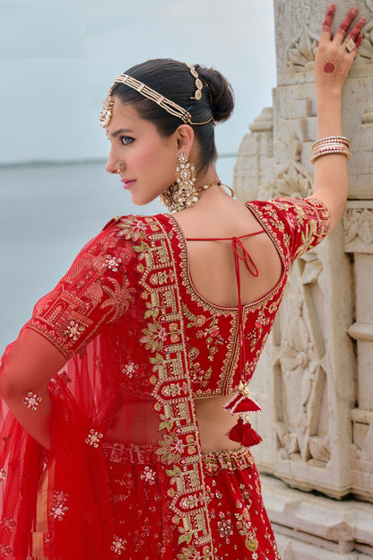 Wedding Designer Red Colored Heavy Silk Lehenga Choli With Diamond Worked Soft Net Dupatta - Marriott Fashion