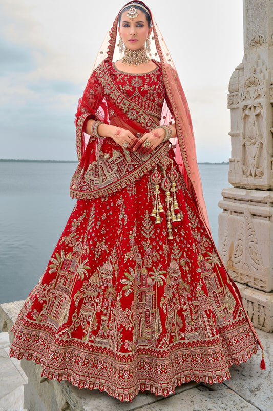 Wedding Designer Red Colored Heavy Silk Lehenga Choli With Diamond Worked Soft Net Dupatta - Marriott Fashion