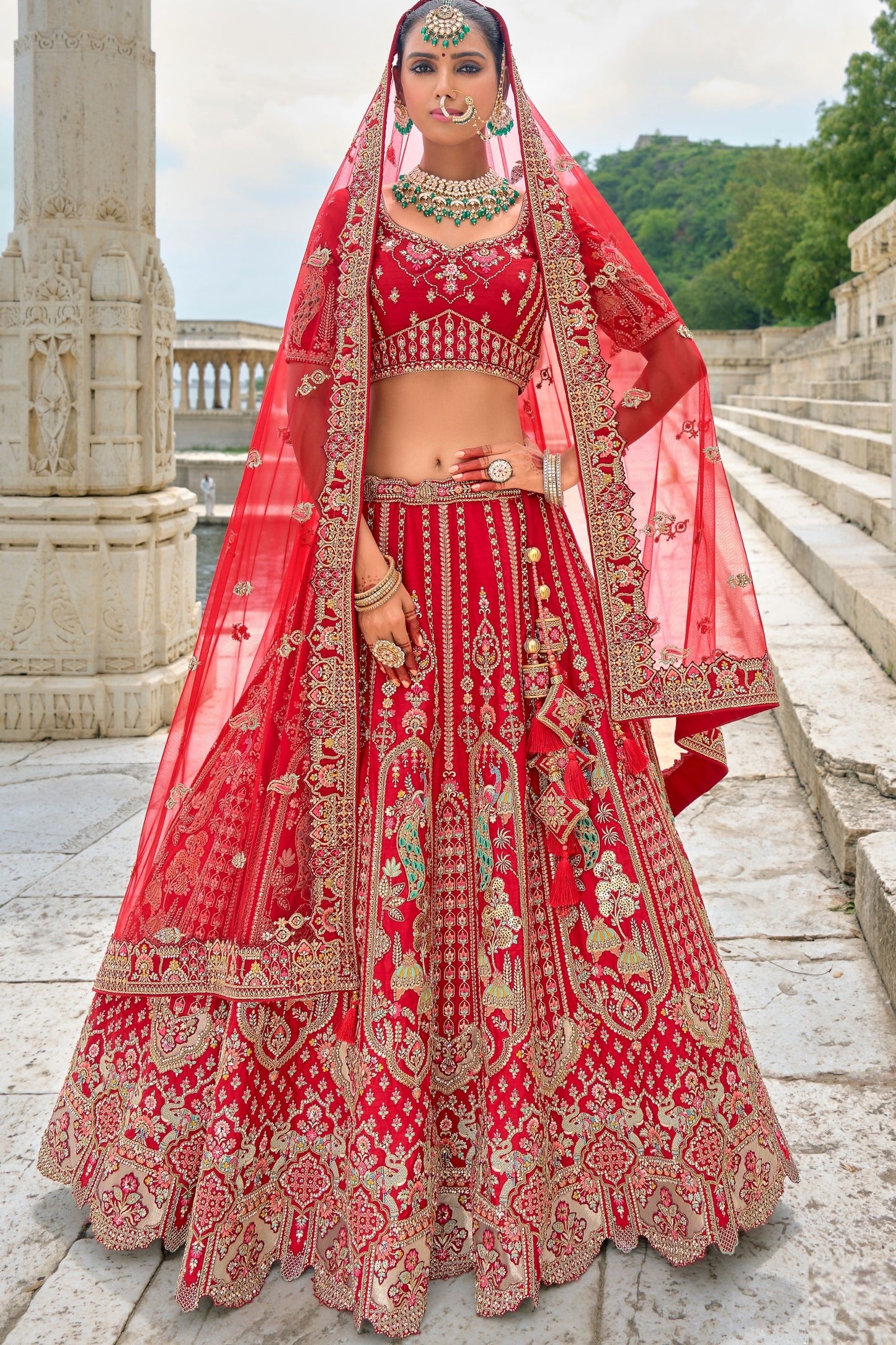 Red Colored Heavy Silk Lehenga, Designer Blouse Piece With Beautiful Embroidery& Diamond Worked Soft Net Dupatta - Marriott Fashion