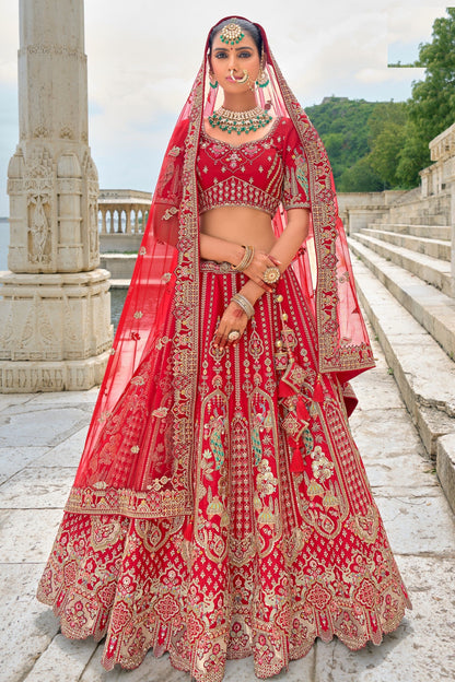 Red Colored Heavy Silk Lehenga, Designer Blouse Piece With Beautiful Embroidery& Diamond Worked Soft Net Dupatta - Marriott Fashion