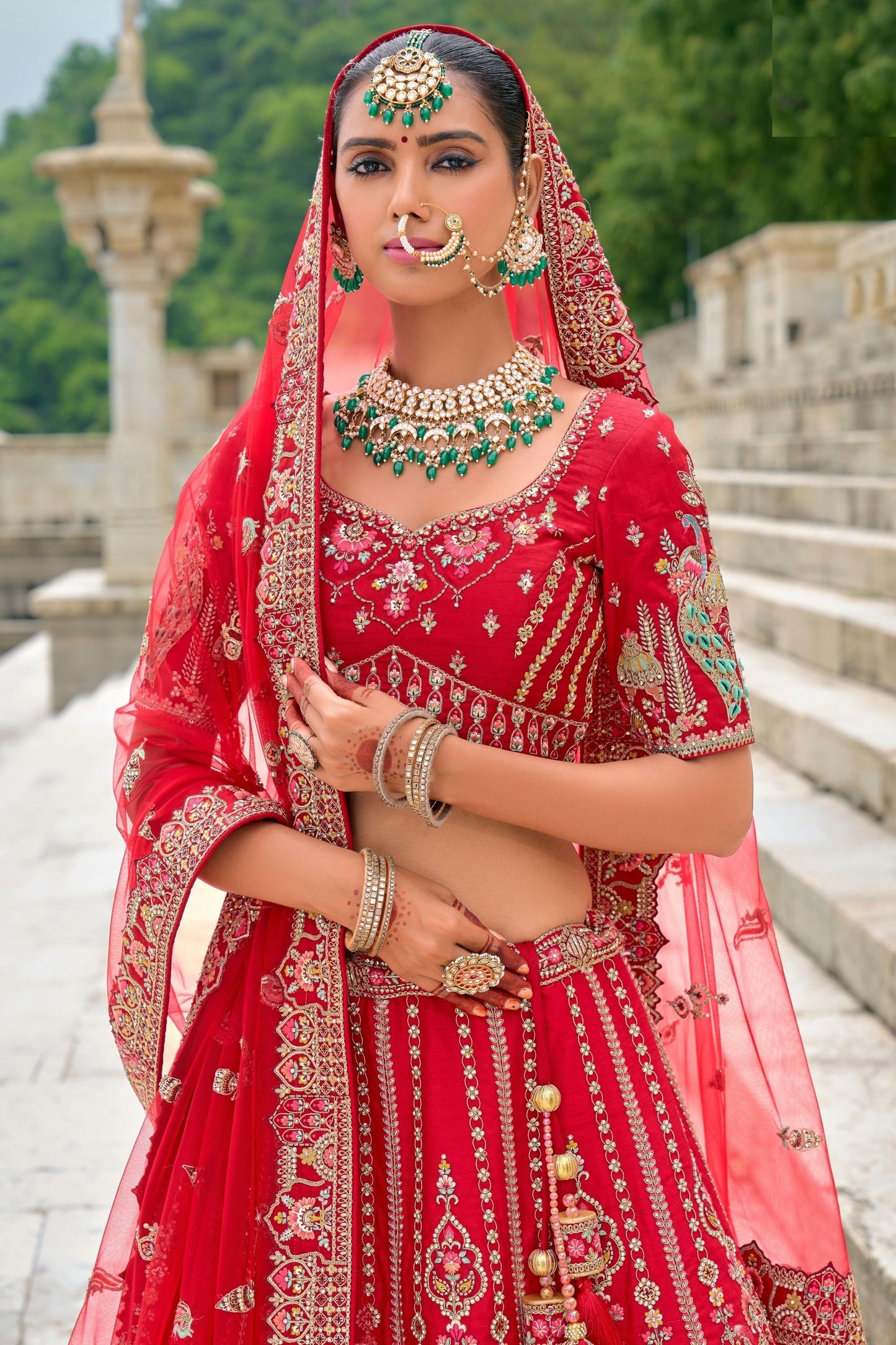 Red Colored Heavy Silk Lehenga, Designer Blouse Piece With Beautiful Embroidery& Diamond Worked Soft Net Dupatta - Marriott Fashion